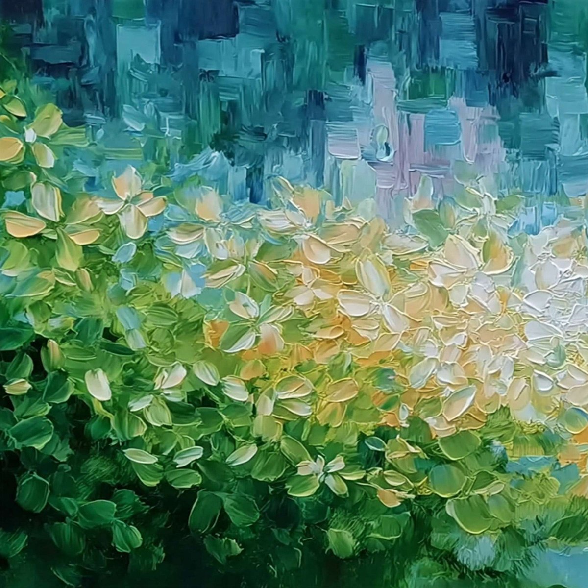 VERDANT ECHO: Textured Impasto Painting of a Lakeside Reflection - Image 3
