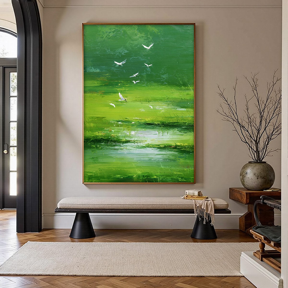 VERDANT FLIGHT: Textured Green Landscape Painting of a Serene Marsh - Image 4