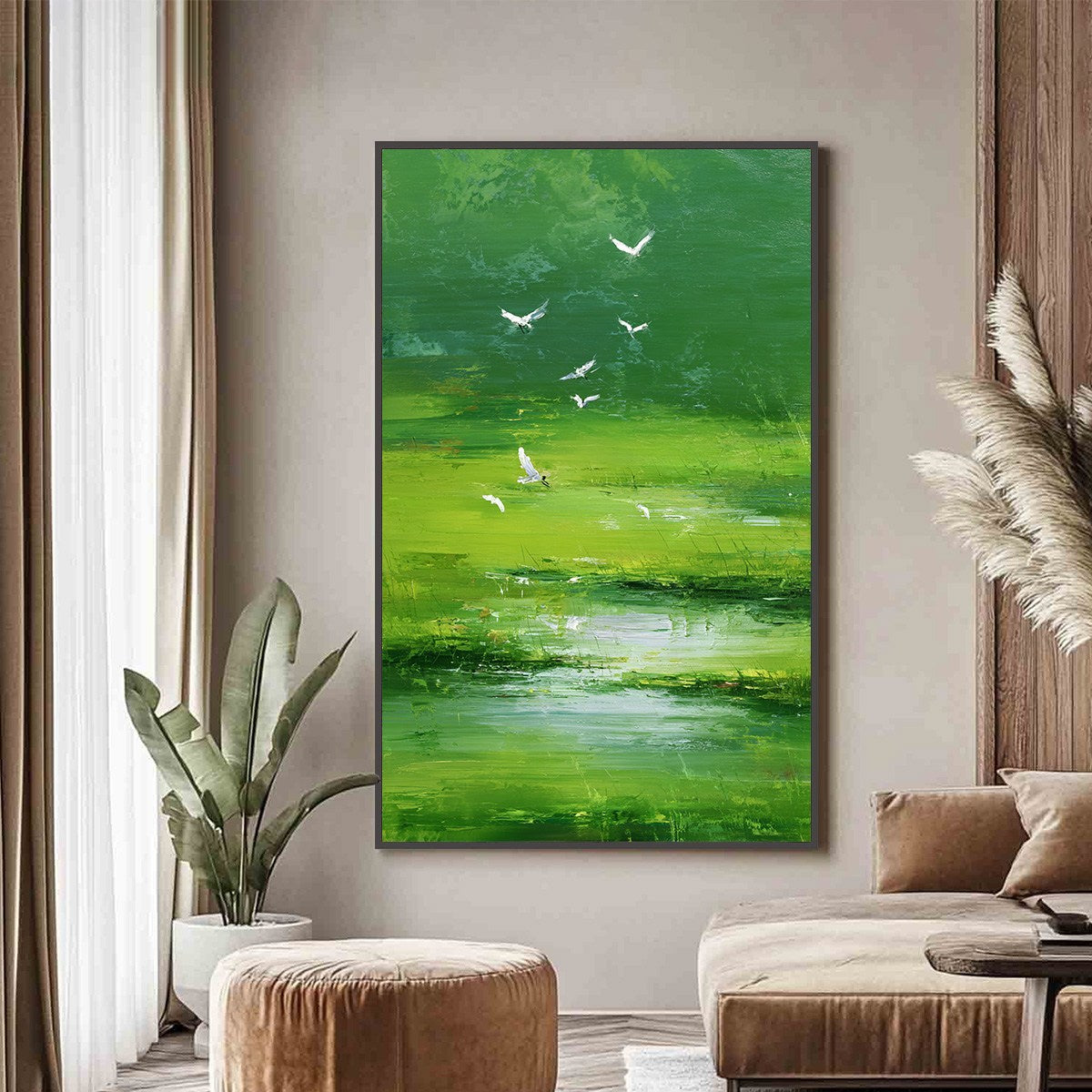 VERDANT FLIGHT: Textured Green Landscape Painting of a Serene Marsh - Image 2