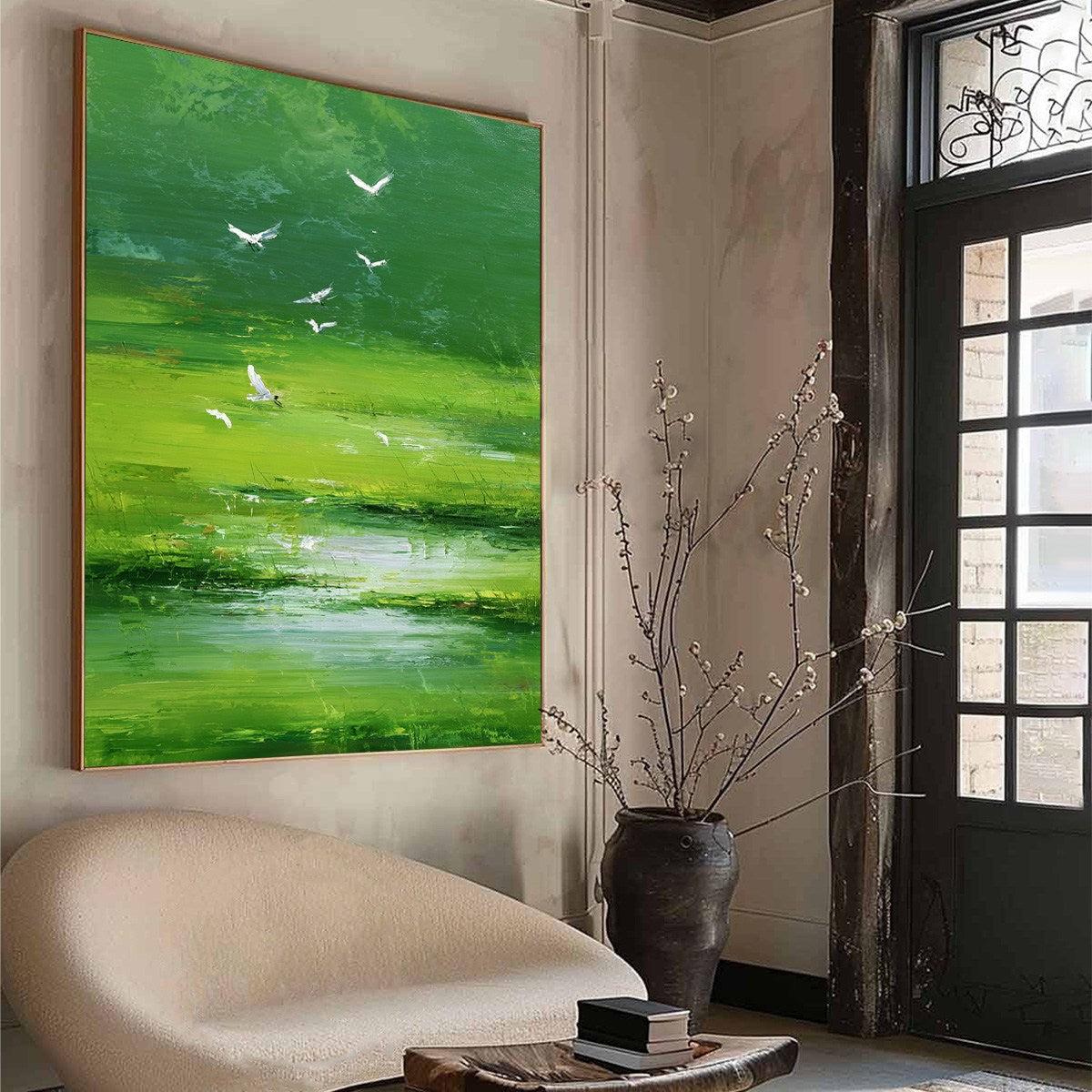 VERDANT FLIGHT: Textured Green Landscape Painting of a Serene Marsh - Image 8