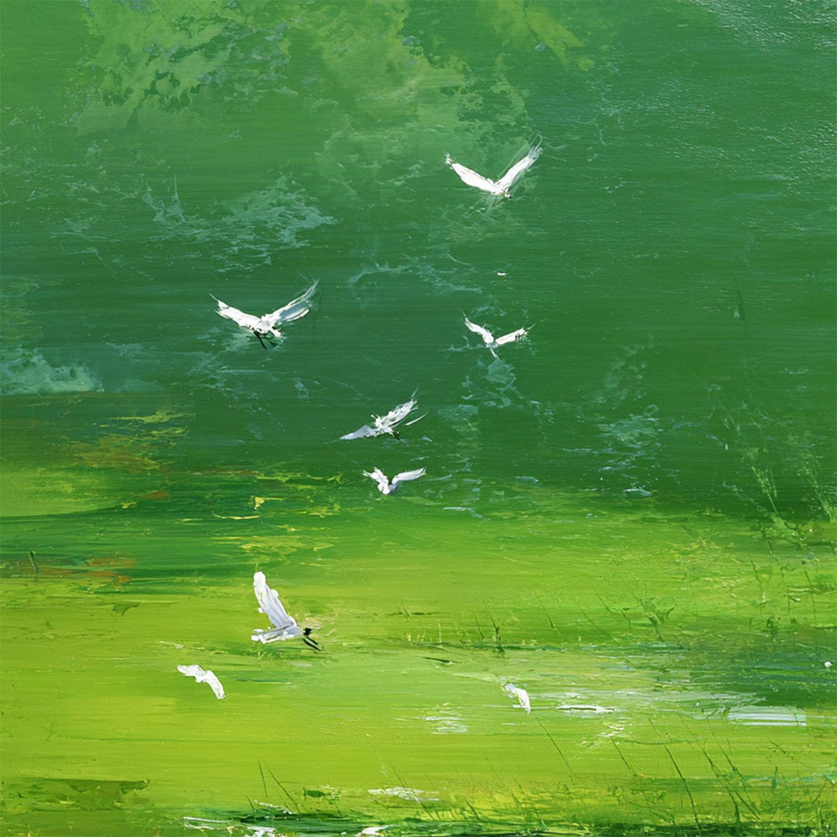 VERDANT FLIGHT: Textured Green Landscape Painting of a Serene Marsh - Image 3