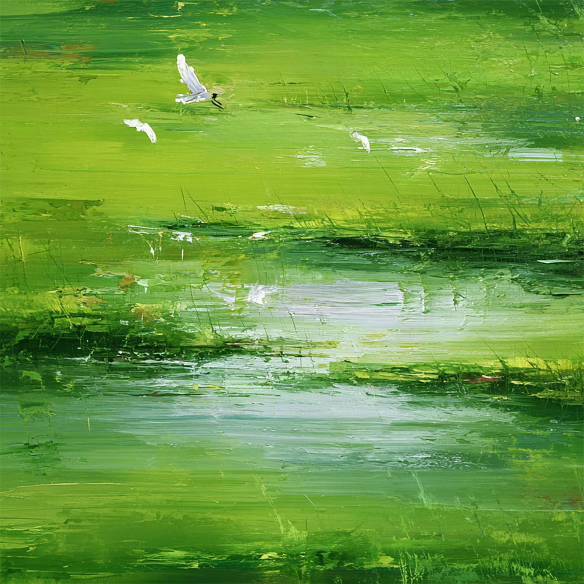 VERDANT FLIGHT: Textured Green Landscape Painting of a Serene Marsh - Image 5