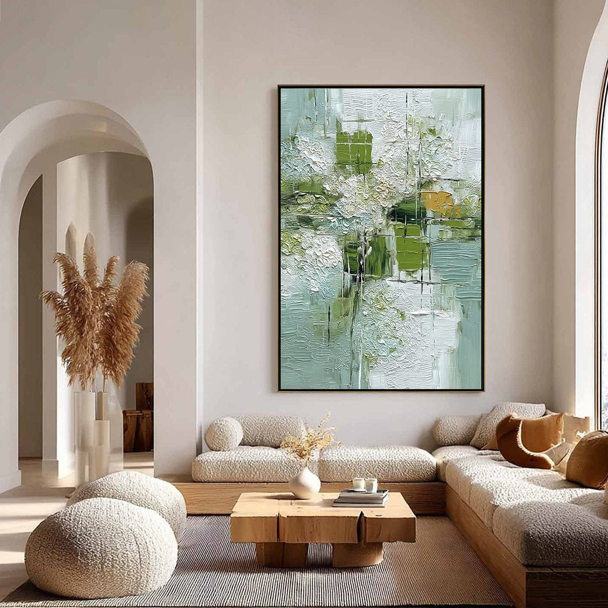 VERDANT GRID: Textured Green and White Wabi Sabi Abstract Painting - Image 4