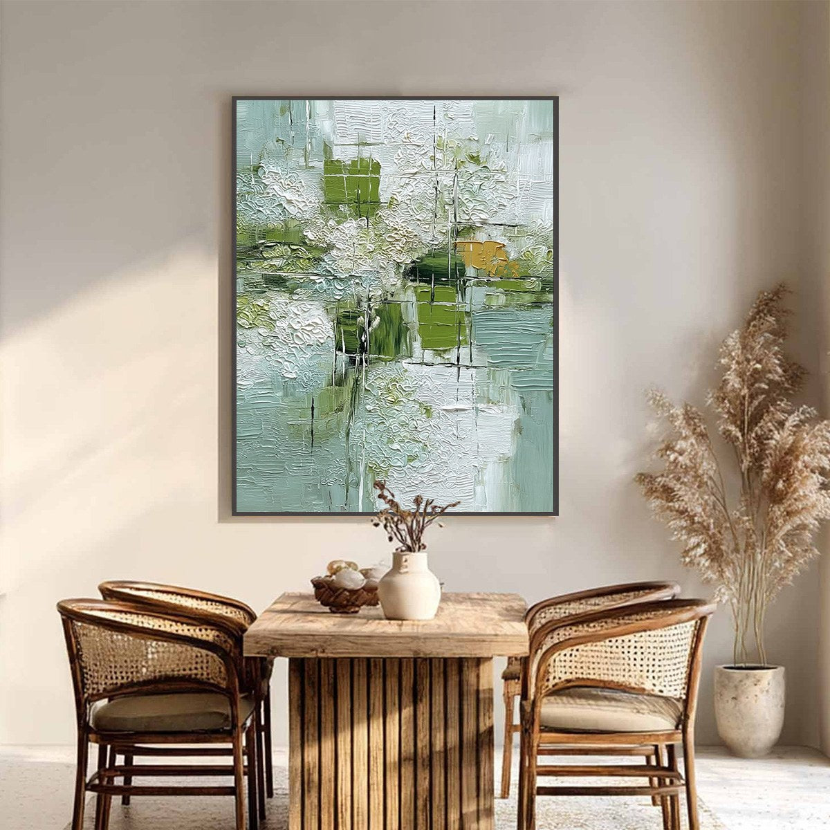 VERDANT GRID: Textured Green and White Wabi Sabi Abstract Painting - Image 2