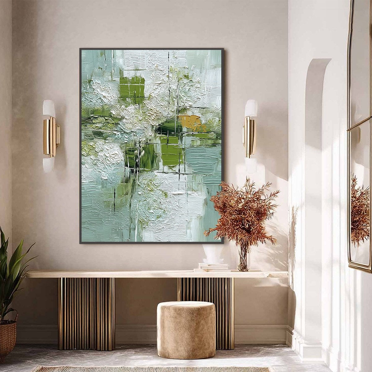 VERDANT GRID: Textured Green and White Wabi Sabi Abstract Painting - Image 6