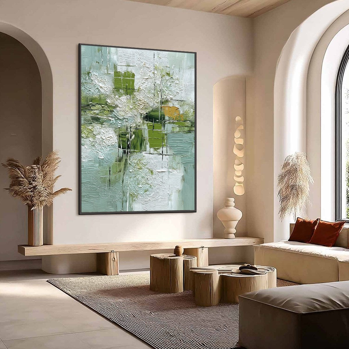 VERDANT GRID: Textured Green and White Wabi Sabi Abstract Painting - Image 7
