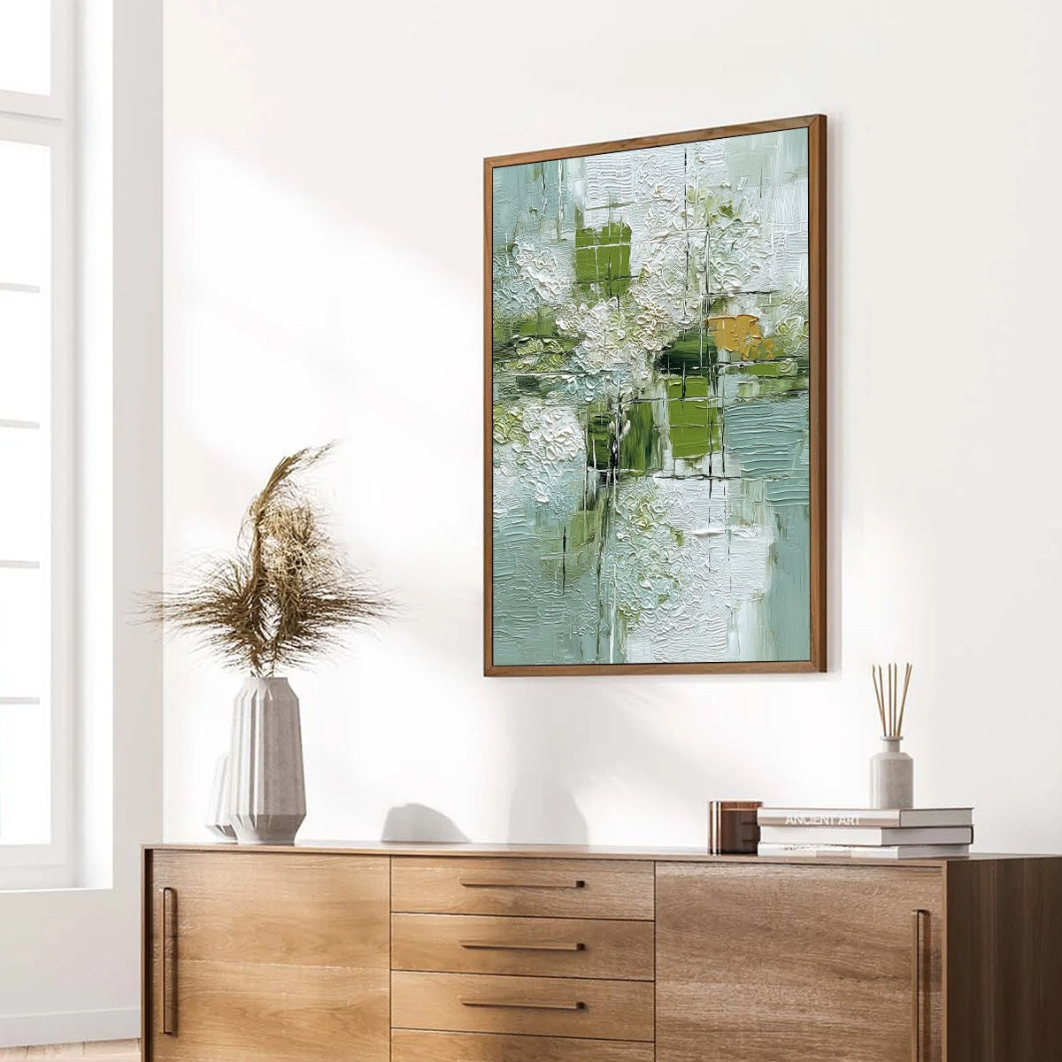 VERDANT GRID: Textured Green and White Wabi Sabi Abstract Painting - Image 8