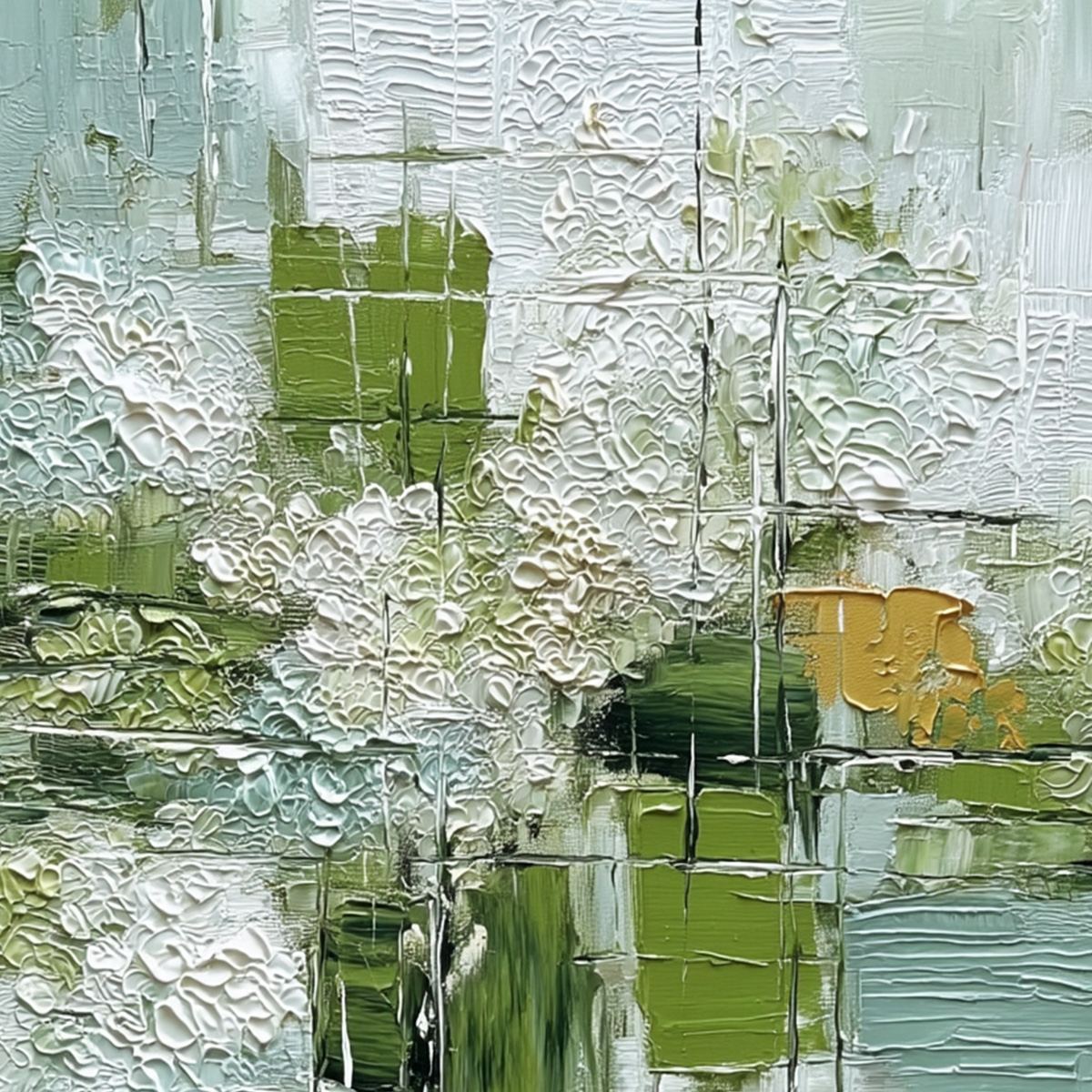 VERDANT GRID: Textured Green and White Wabi Sabi Abstract Painting - Image 3