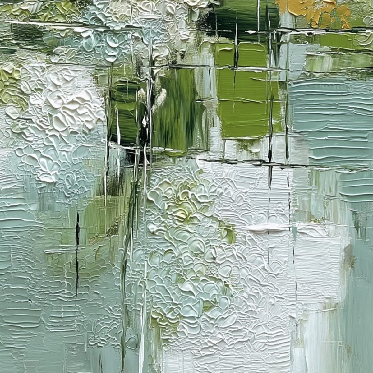 VERDANT GRID: Textured Green and White Wabi Sabi Abstract Painting - Image 5