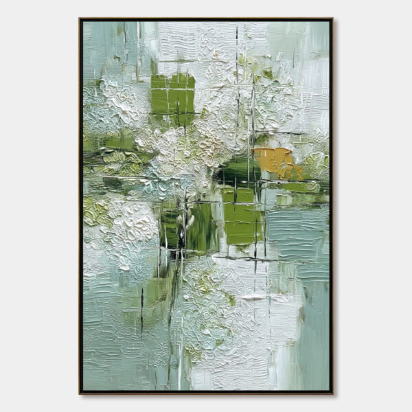 VERDANT GRID: Textured Green and White Wabi Sabi Abstract Painting