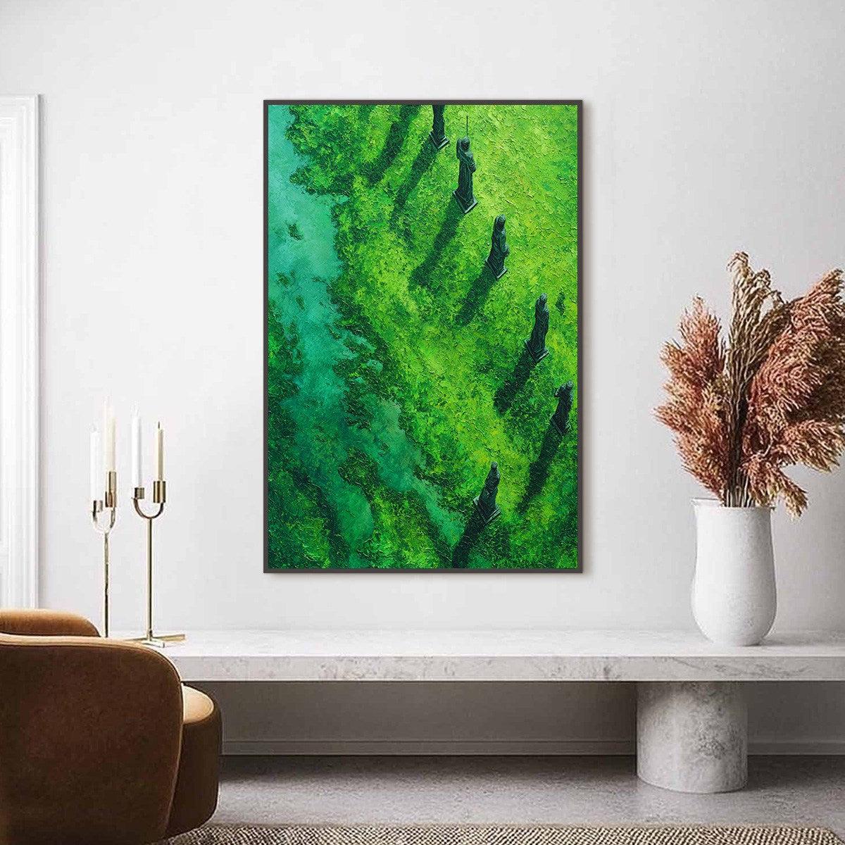 VERDANT GUARDIANS: Textured Vertical Abstract Painting of Ancient Sentinels - Image 2