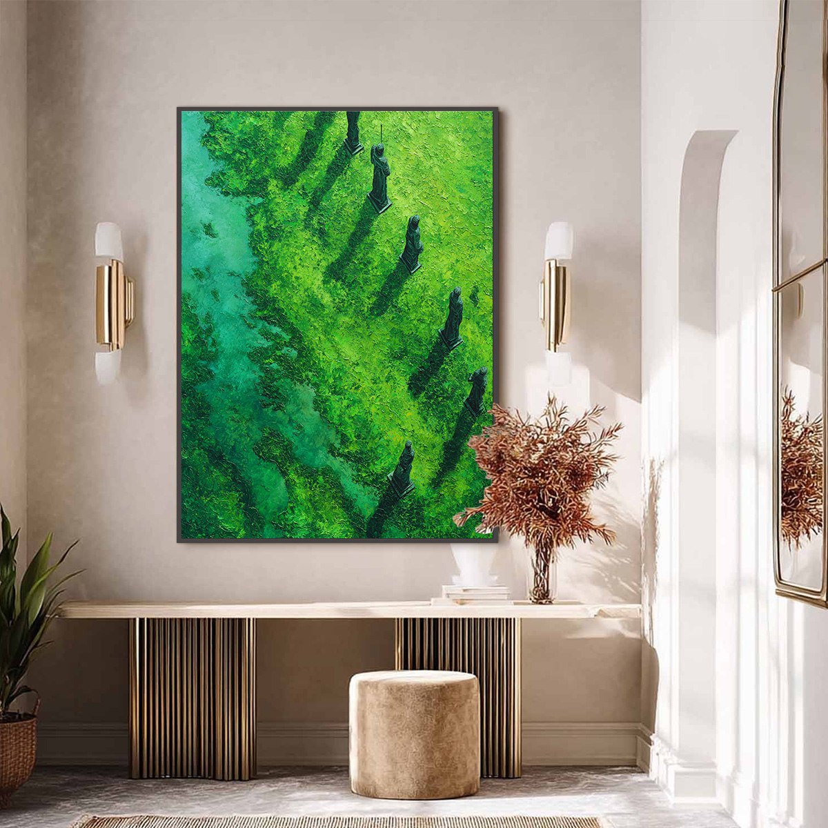 VERDANT GUARDIANS: Textured Vertical Abstract Painting of Ancient Sentinels - Image 6