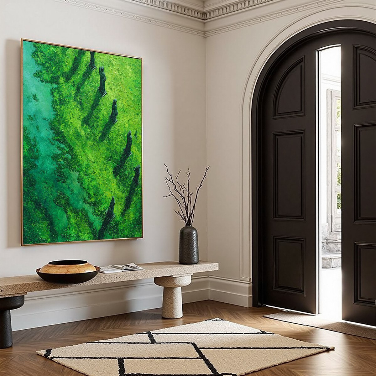VERDANT GUARDIANS: Textured Vertical Abstract Painting of Ancient Sentinels - Image 8