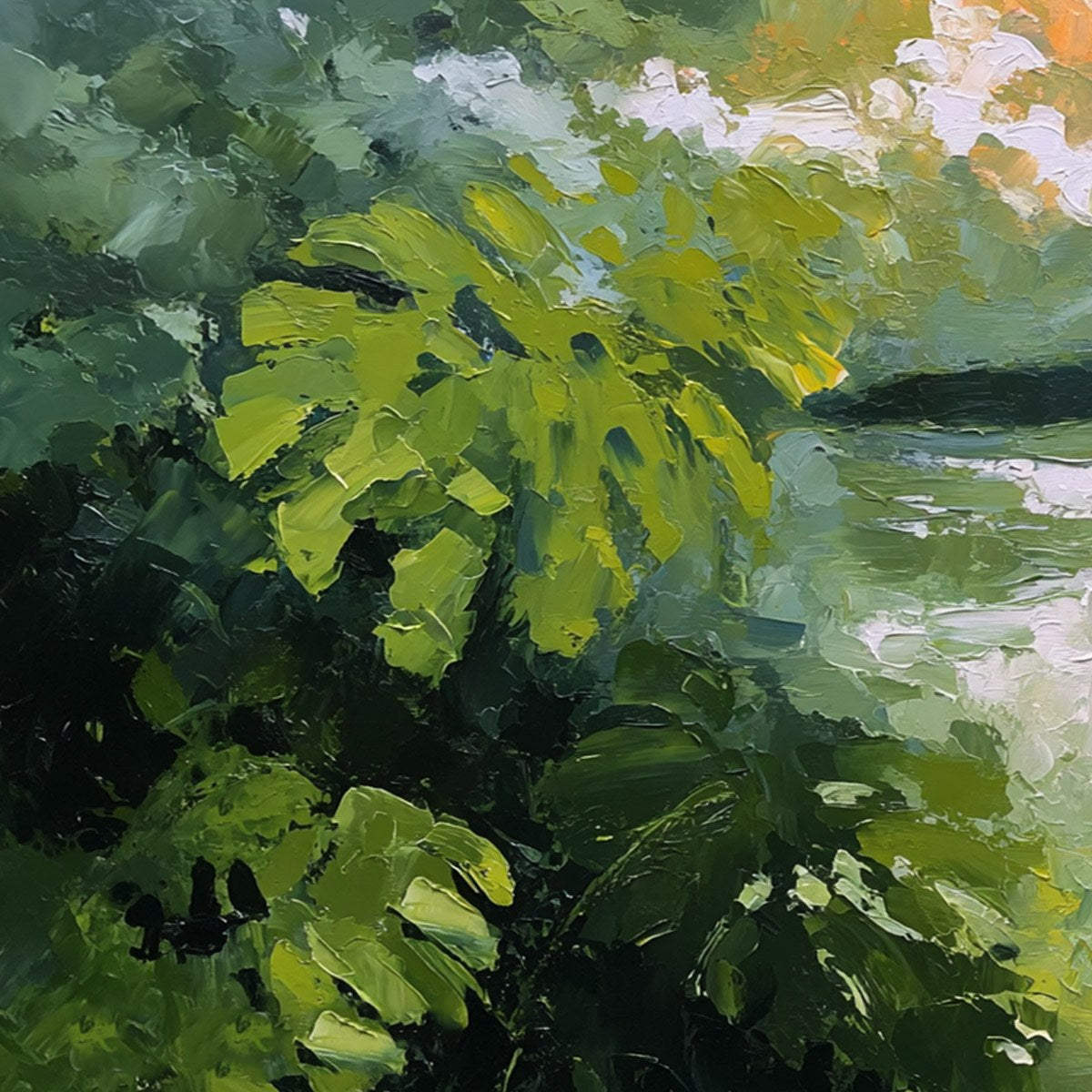 VERDANT HIDEAWAY: Textured Impasto Painting of a Forest Lake - Image 3