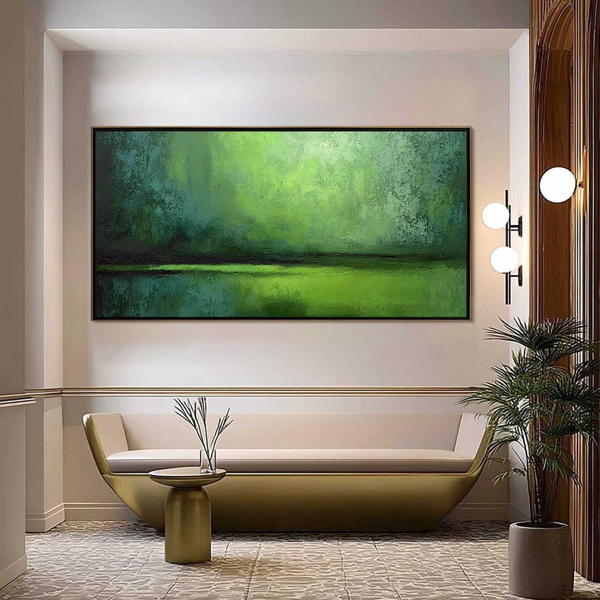VERDANT HORIZON: Large Textured Green Abstract Landscape Painting - Image 2