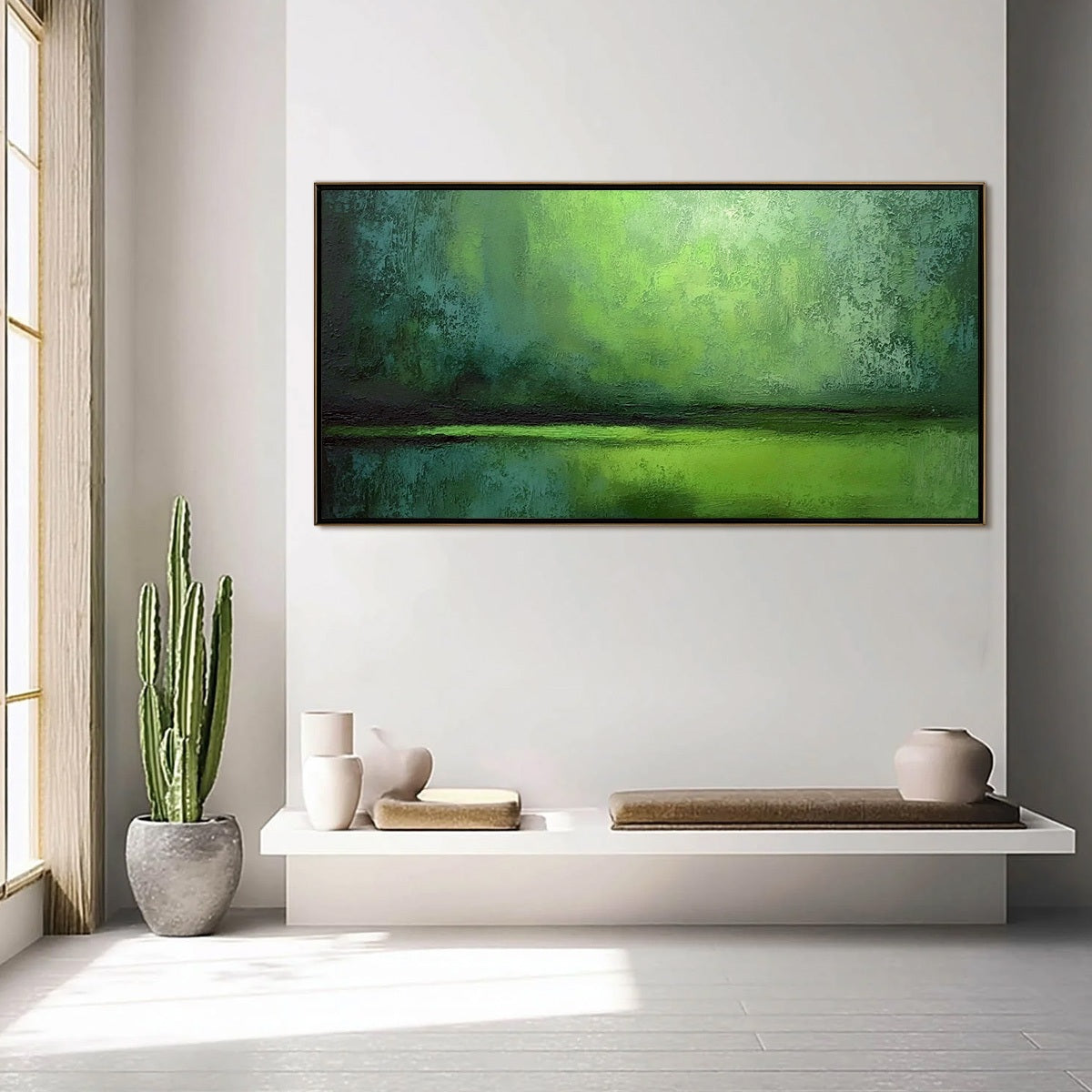 VERDANT HORIZON: Large Textured Green Abstract Landscape Painting - Image 4