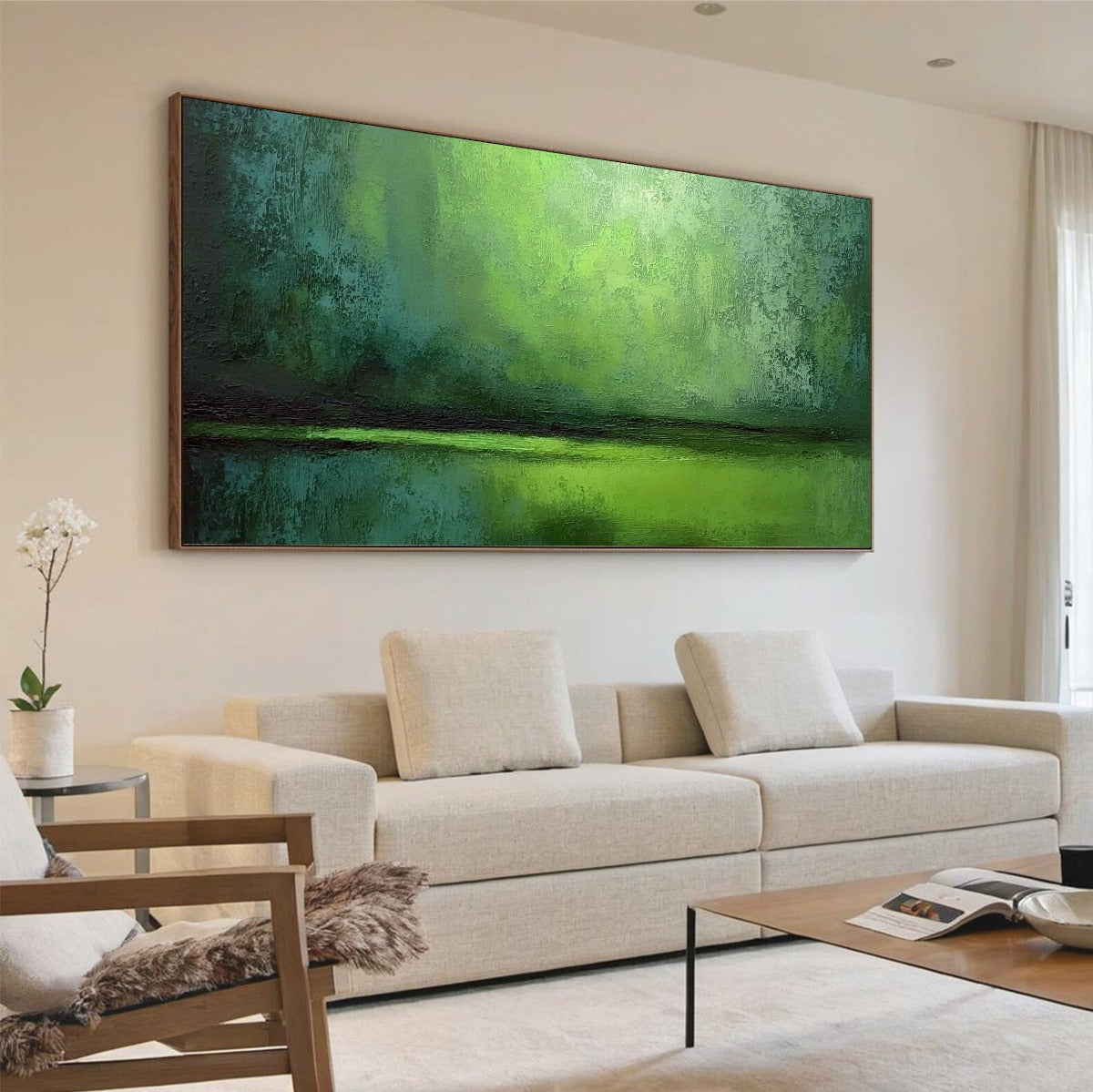VERDANT HORIZON: Large Textured Green Abstract Landscape Painting - Image 7