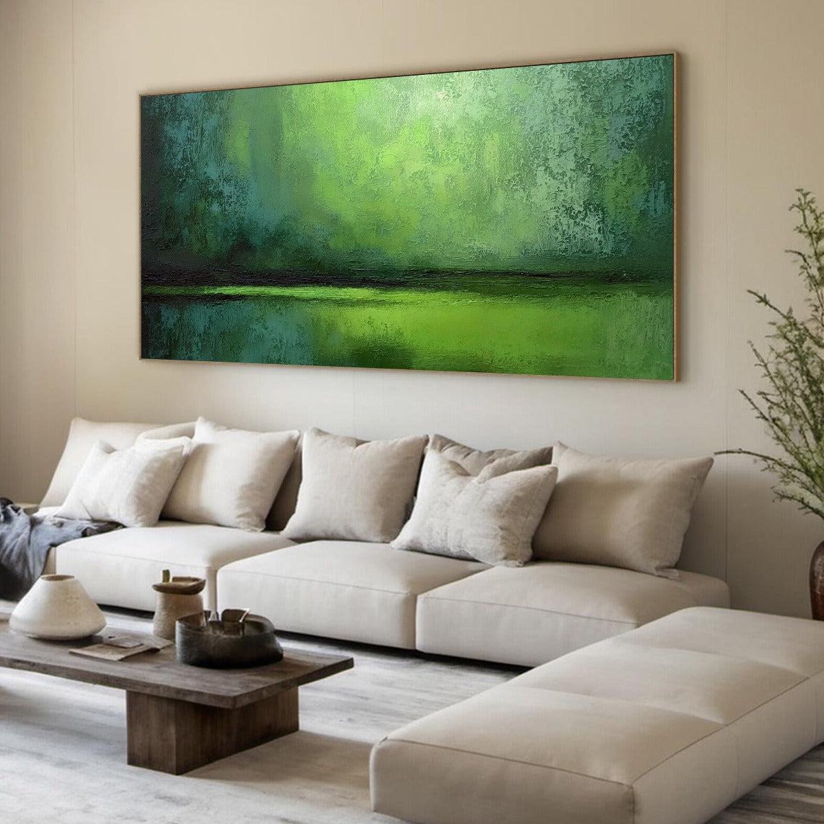 VERDANT HORIZON: Large Textured Green Abstract Landscape Painting - Image 8