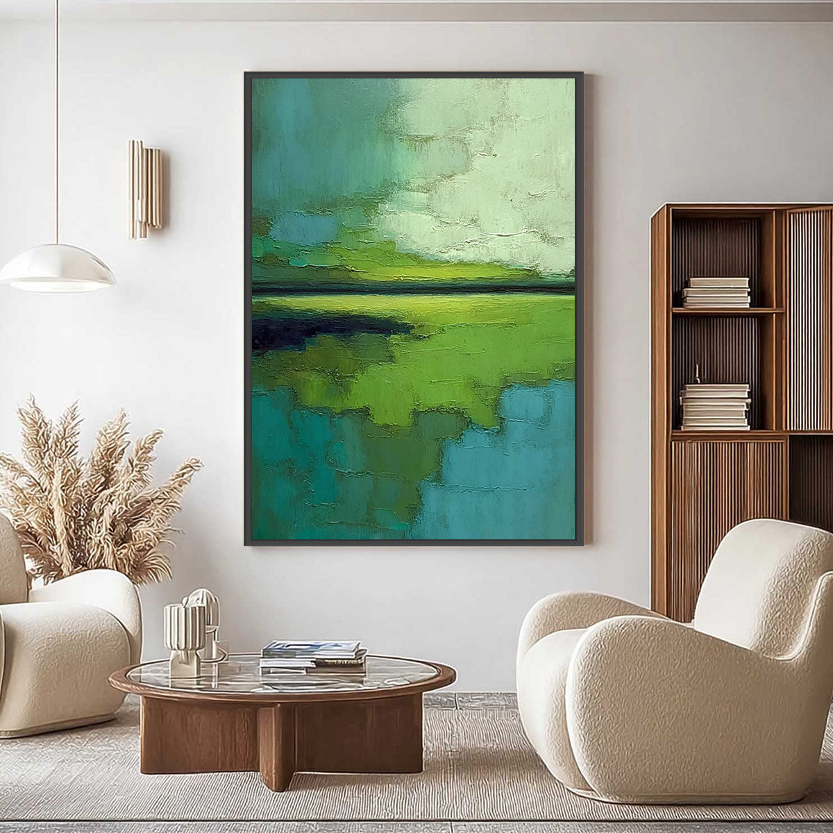 VERDANT HORIZON: Textured Abstract Green Landscape Painting - Image 2