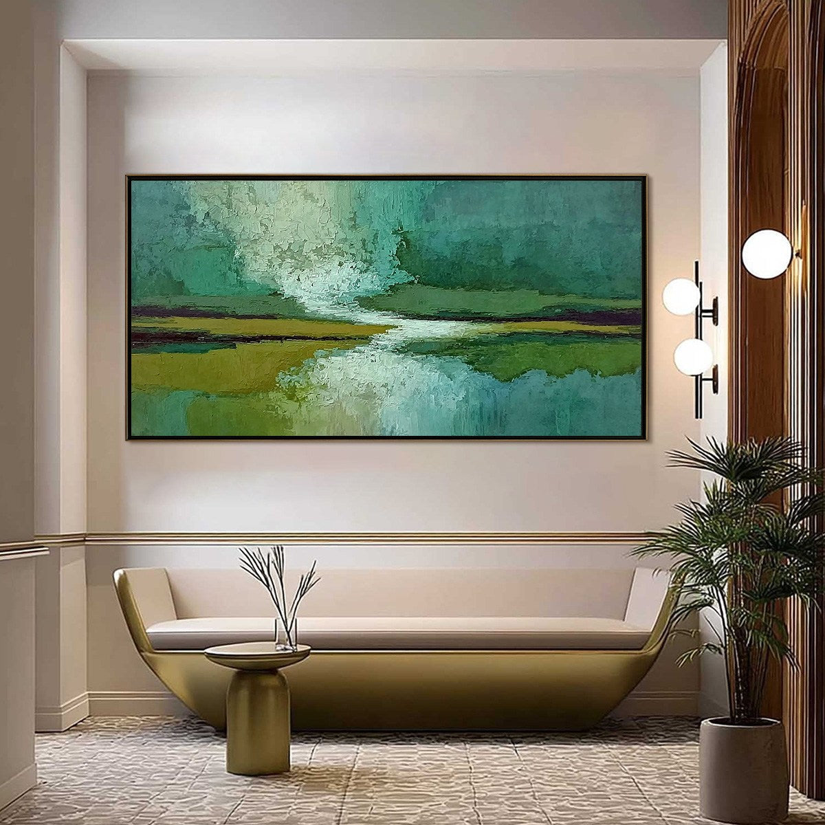 VERDANT HORIZON: Textured Abstract Landscape Painting in Green and Gold - Image 2