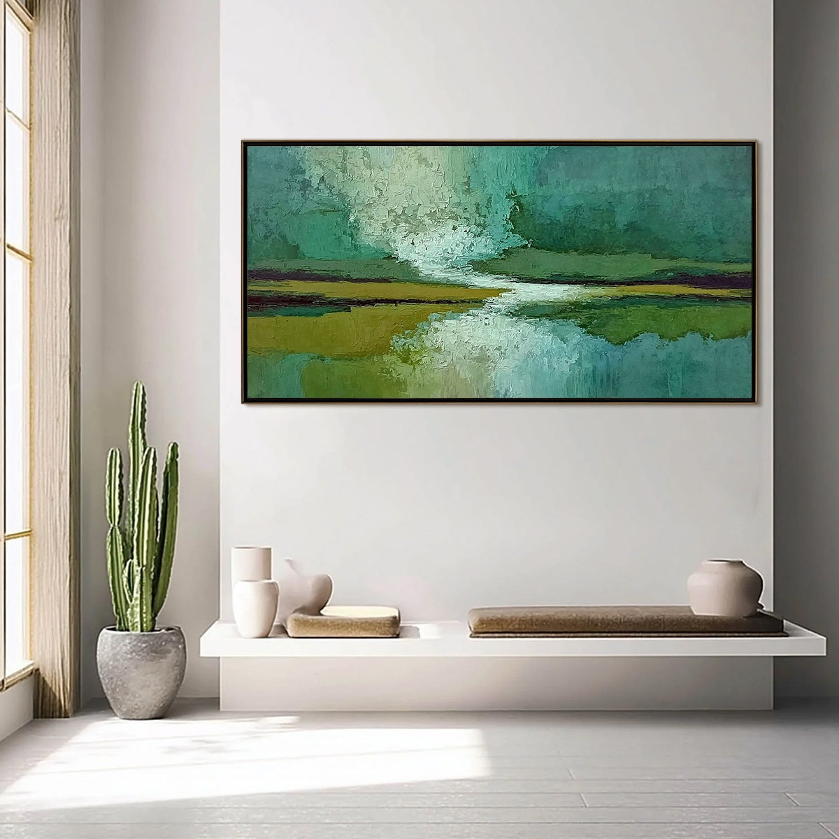 VERDANT HORIZON: Textured Abstract Landscape Painting in Green and Gold - Image 4