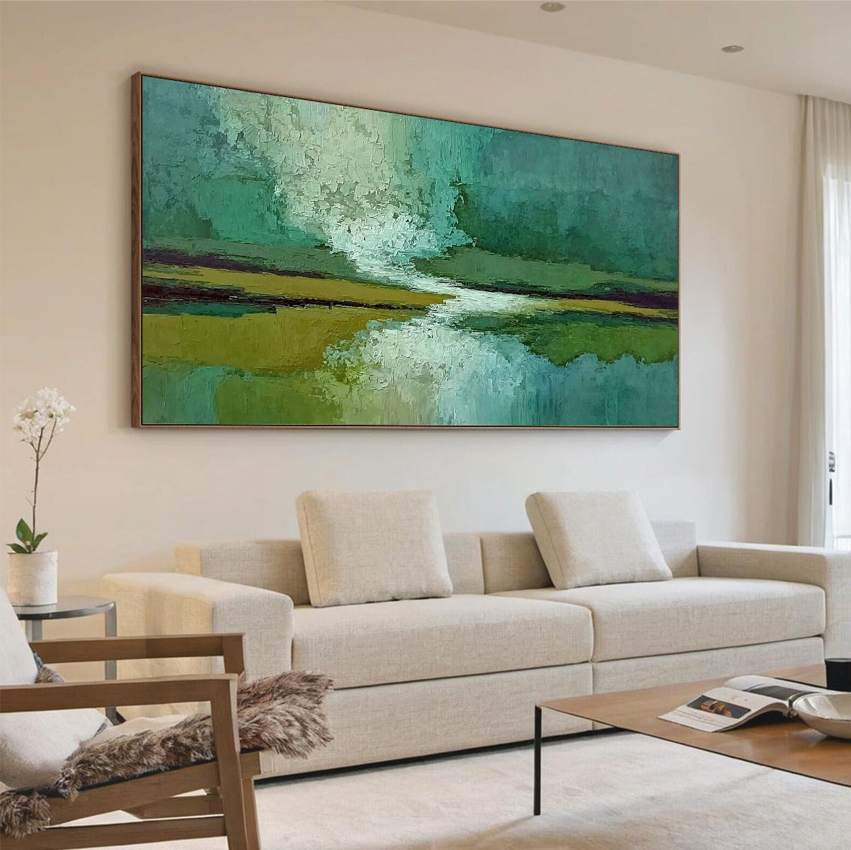 VERDANT HORIZON: Textured Abstract Landscape Painting in Green and Gold - Image 7
