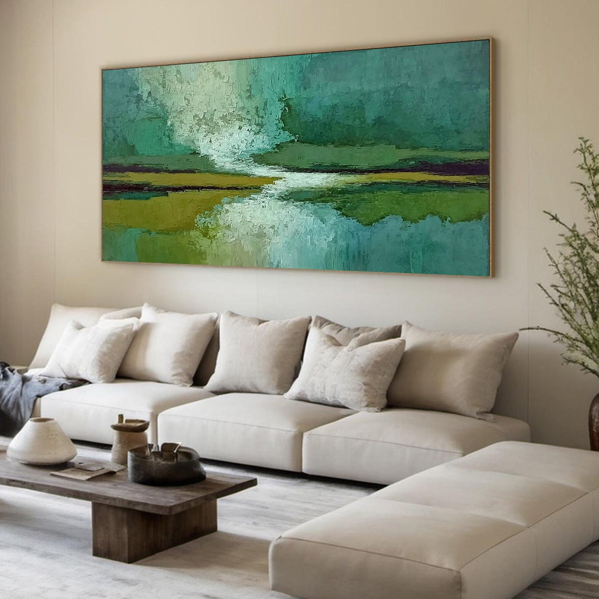VERDANT HORIZON: Textured Abstract Landscape Painting in Green and Gold - Image 8