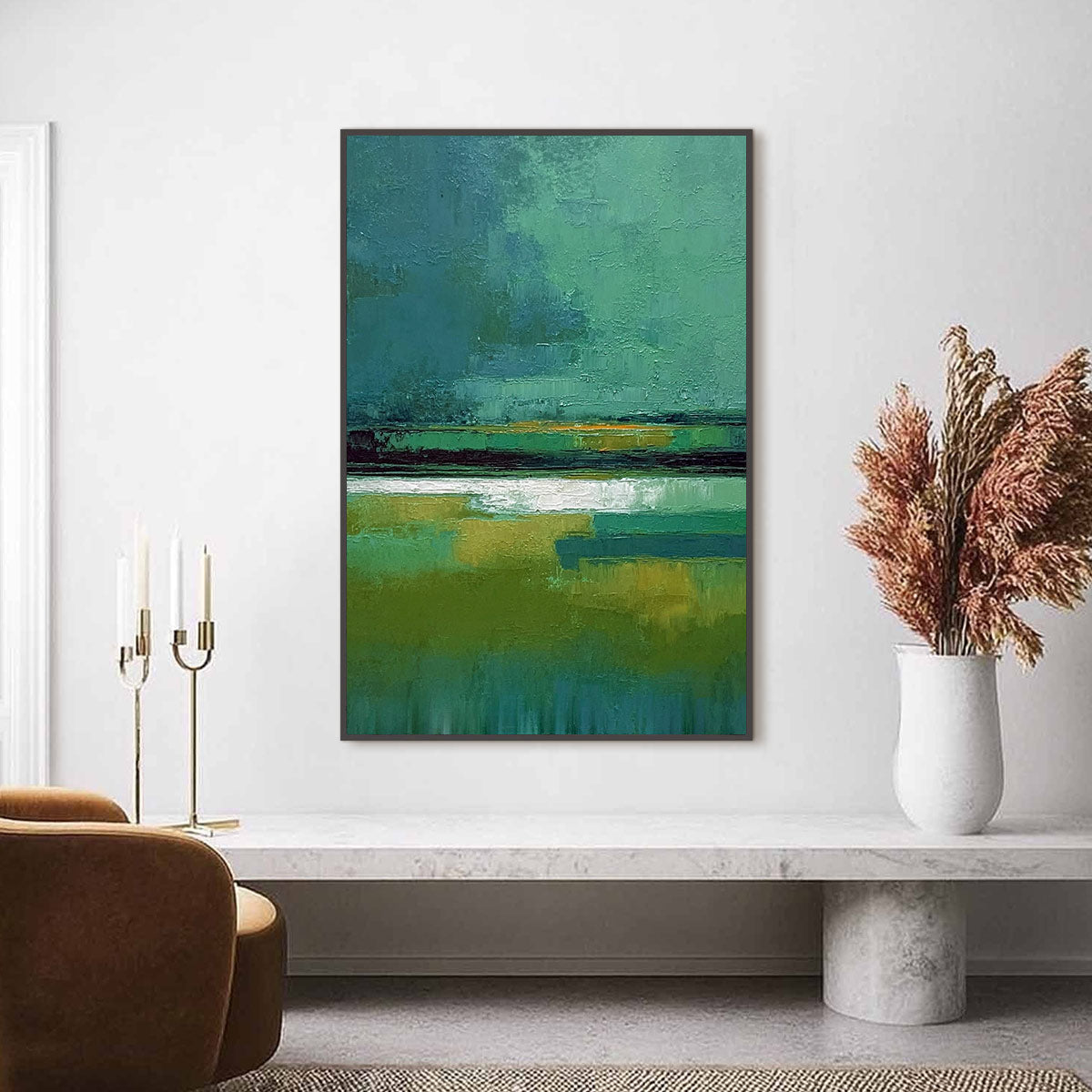 VERDANT HORIZON: Textured Wabi Sabi Abstract Landscape Painting - Image 2