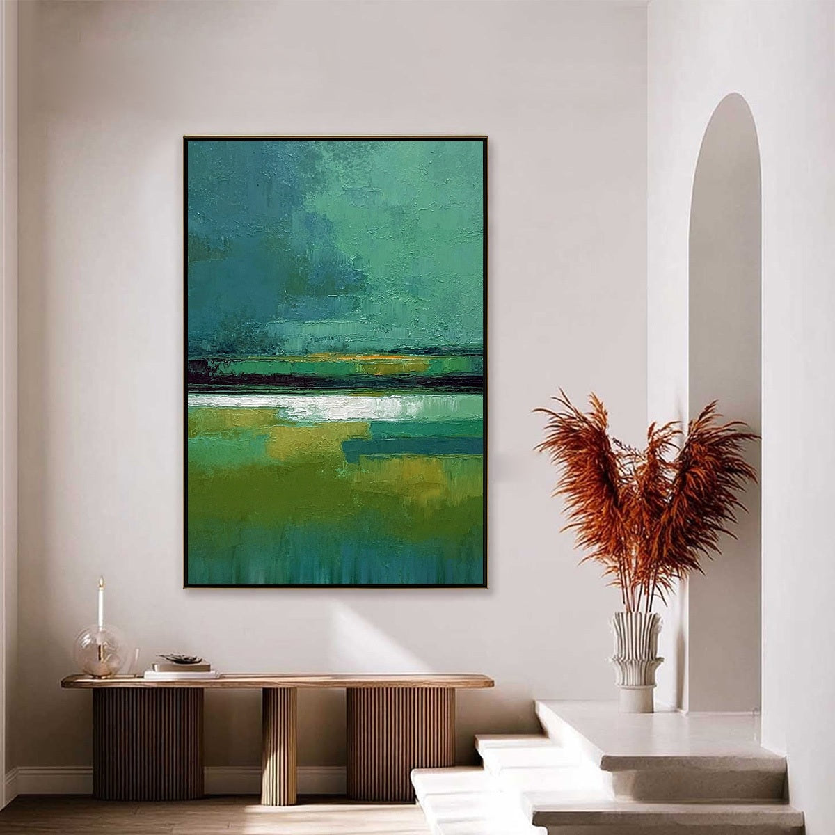 VERDANT HORIZON: Textured Wabi Sabi Abstract Landscape Painting - Image 4