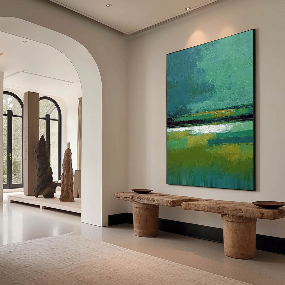 VERDANT HORIZON: Textured Wabi Sabi Abstract Landscape Painting - Image 7