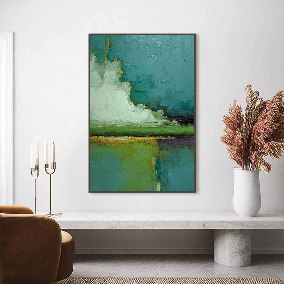 VERDANT HORIZON: Vertical Textured Abstract Landscape Oil Painting - Image 2