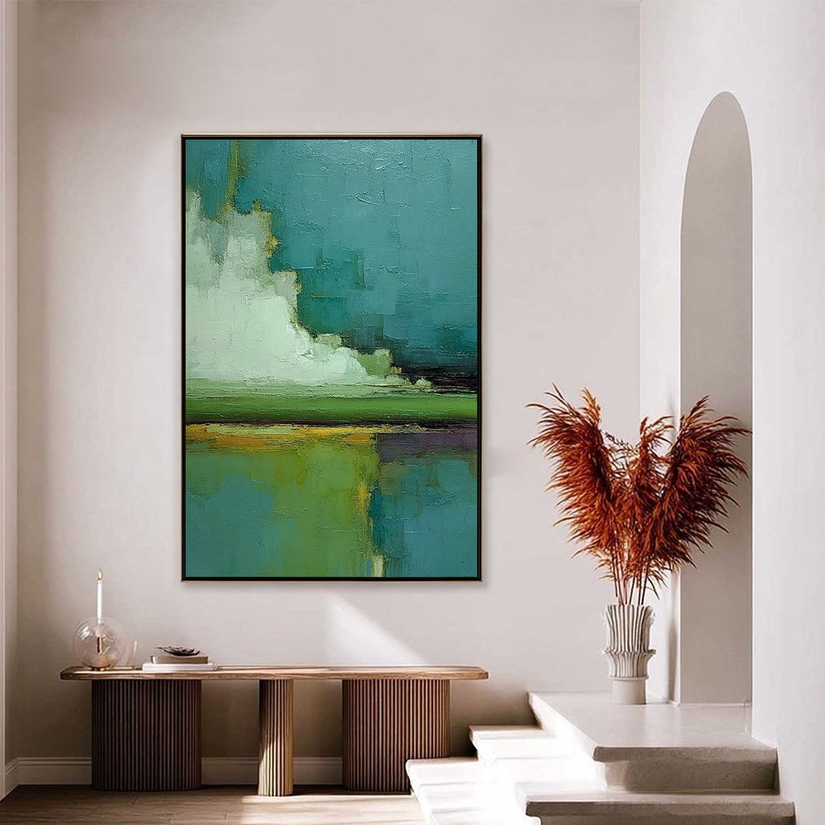 VERDANT HORIZON: Vertical Textured Abstract Landscape Oil Painting - Image 4