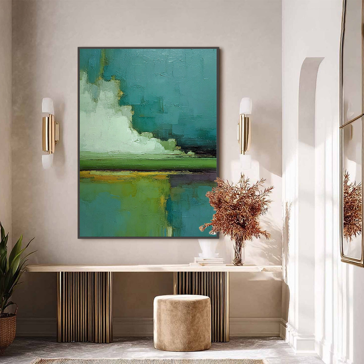 VERDANT HORIZON: Vertical Textured Abstract Landscape Oil Painting - Image 6