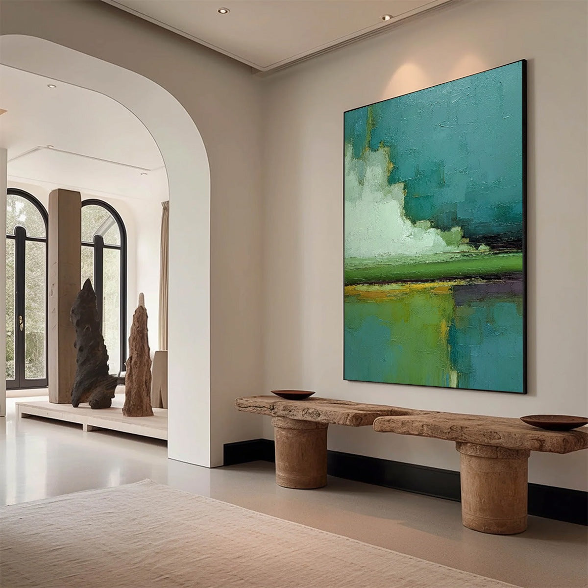 VERDANT HORIZON: Vertical Textured Abstract Landscape Oil Painting - Image 7