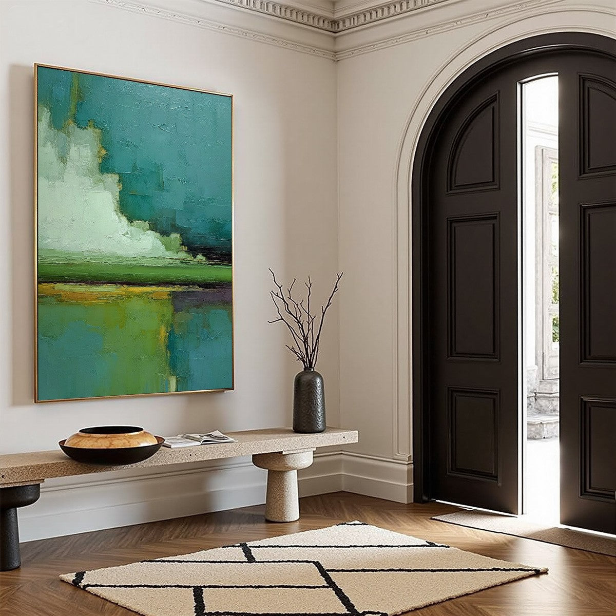 VERDANT HORIZON: Vertical Textured Abstract Landscape Oil Painting - Image 8