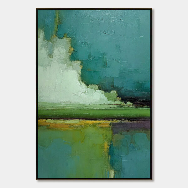 VERDANT HORIZON: Vertical Textured Abstract Landscape Oil Painting