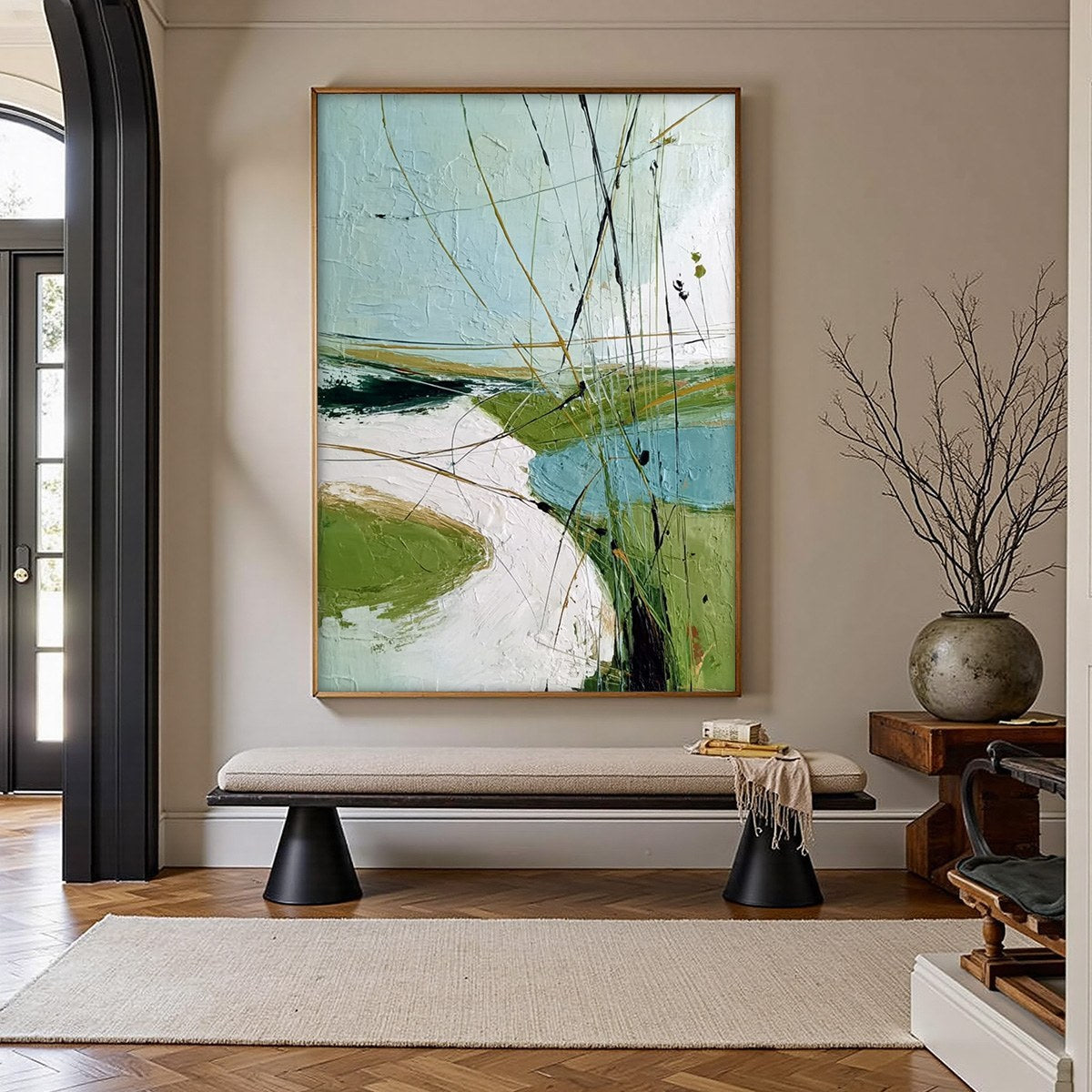 VERDANT PATH: Textured Abstract Green and White Landscape Painting - Image 2