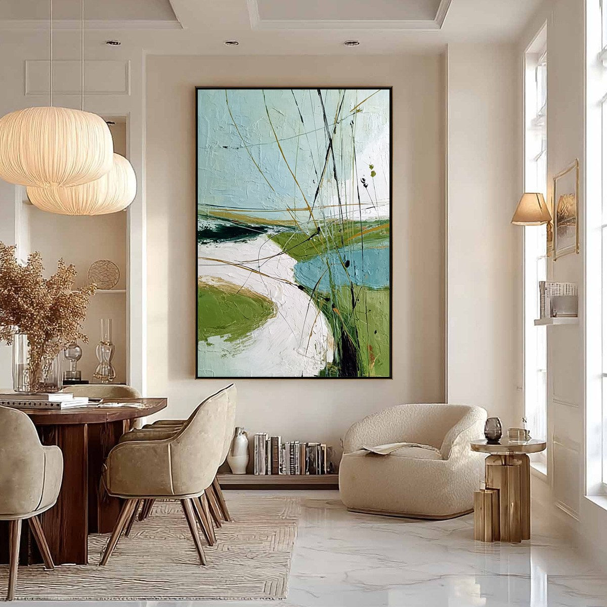 VERDANT PATH: Textured Abstract Green and White Landscape Painting - Image 4