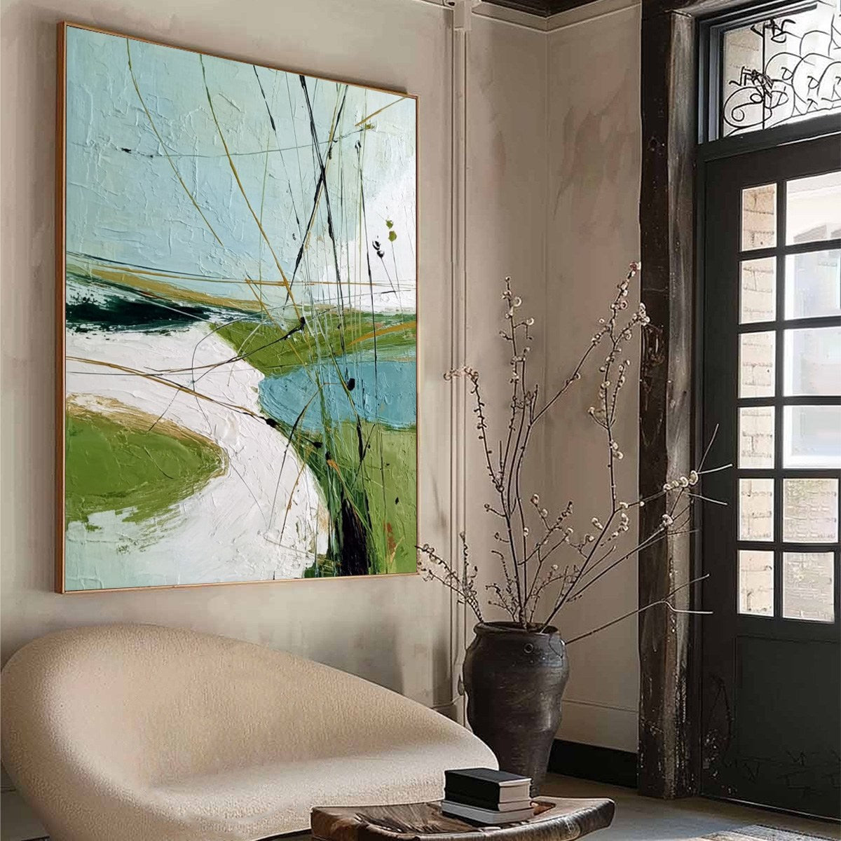 VERDANT PATH: Textured Abstract Green and White Landscape Painting - Image 8