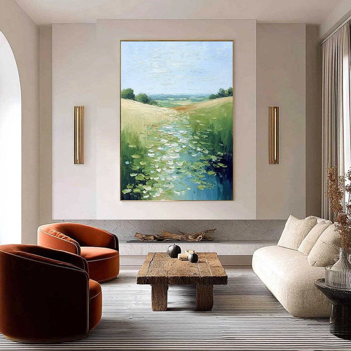 VERDANT PATH: Textured Impasto Landscape Painting of a Lilypad Stream - Image 2