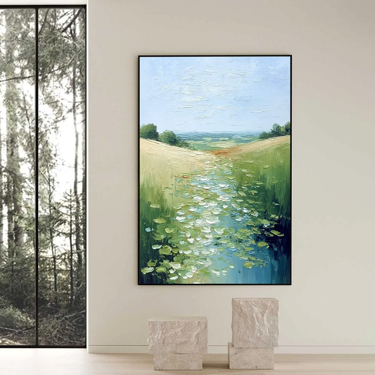 VERDANT PATH: Textured Impasto Landscape Painting of a Lilypad Stream - Image 6