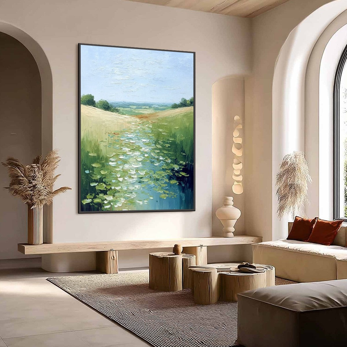 VERDANT PATH: Textured Impasto Landscape Painting of a Lilypad Stream - Image 7