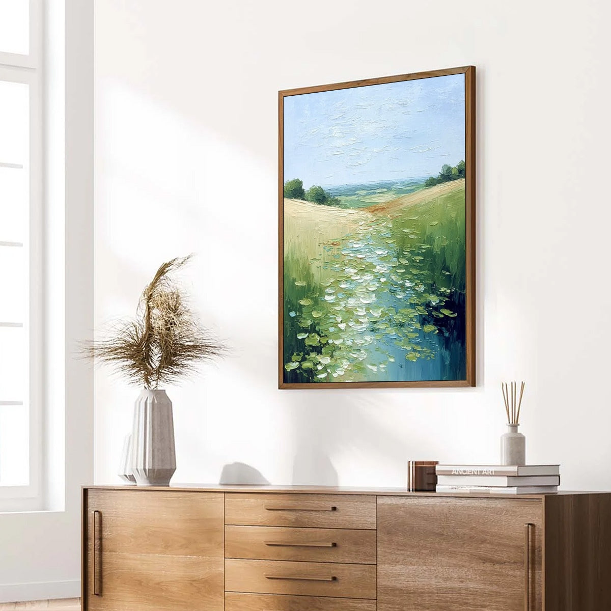 VERDANT PATH: Textured Impasto Landscape Painting of a Lilypad Stream - Image 8