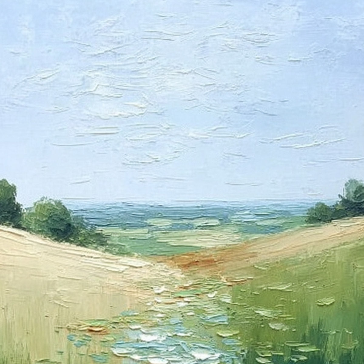 VERDANT PATH: Textured Impasto Landscape Painting of a Lilypad Stream - Image 5
