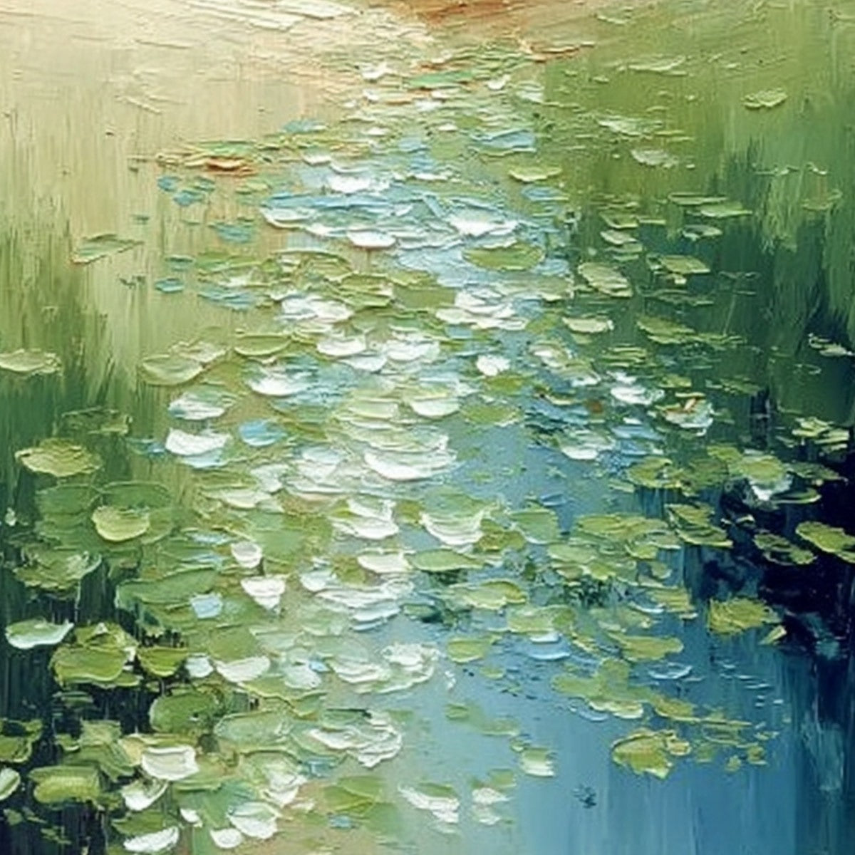 VERDANT PATH: Textured Impasto Landscape Painting of a Lilypad Stream - Image 3