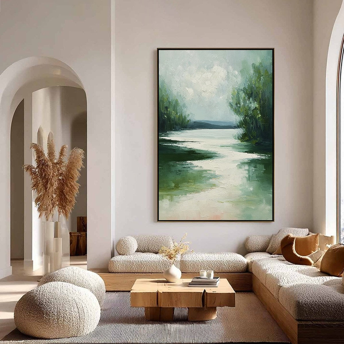 VERDANT REFLECTIONS: Textured Vertical Green Landscape Painting - Image 4