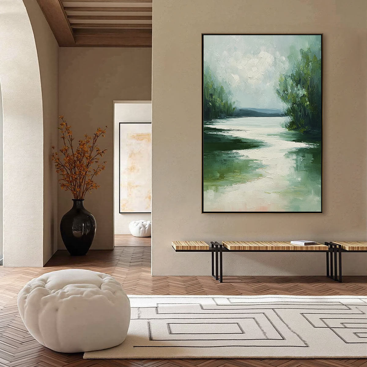 VERDANT REFLECTIONS: Textured Vertical Green Landscape Painting - Image 6