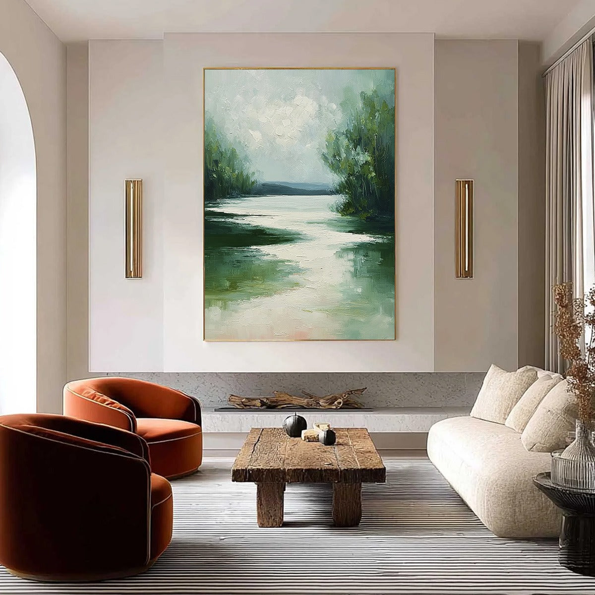 VERDANT REFLECTIONS: Textured Vertical Green Landscape Painting - Image 2