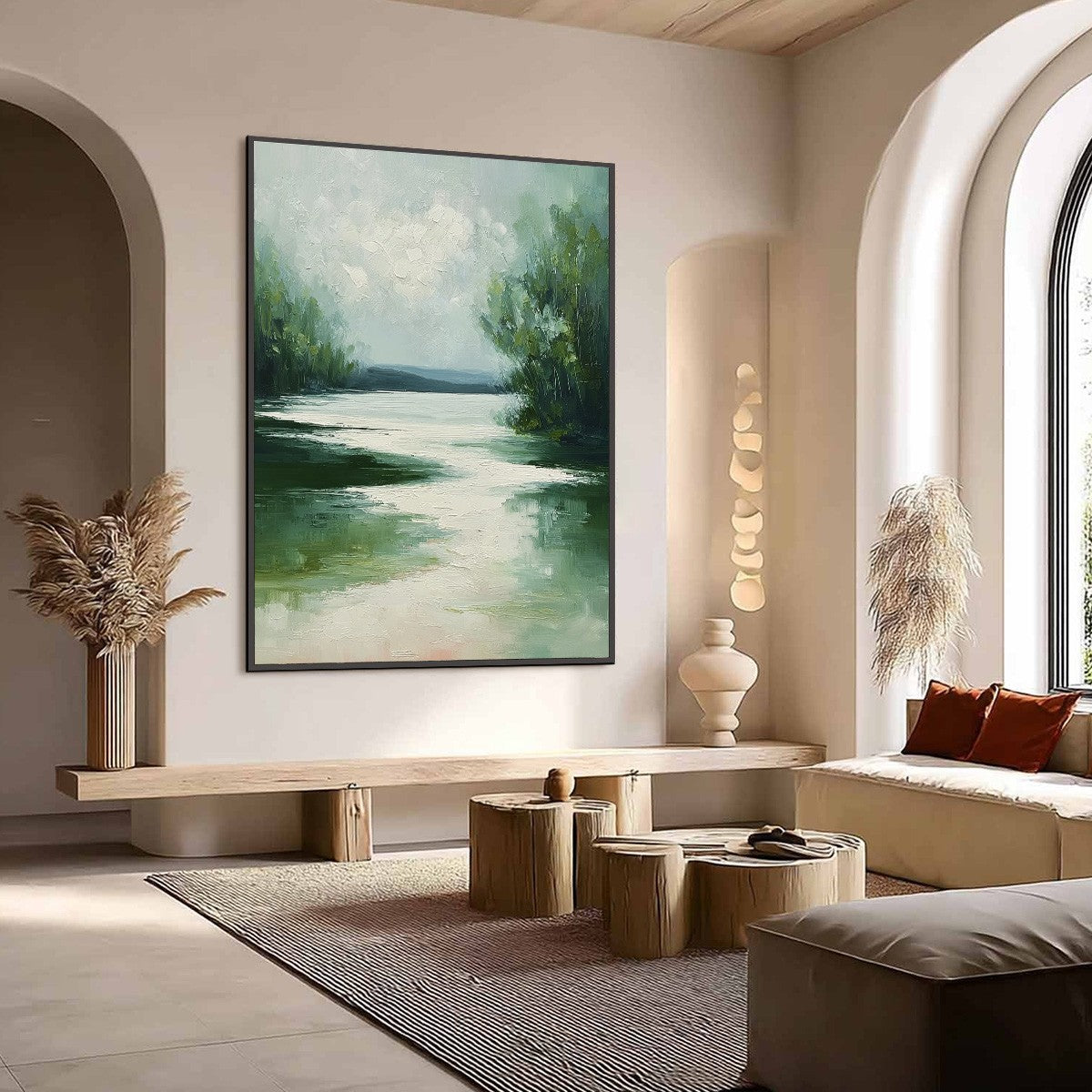 VERDANT REFLECTIONS: Textured Vertical Green Landscape Painting - Image 7