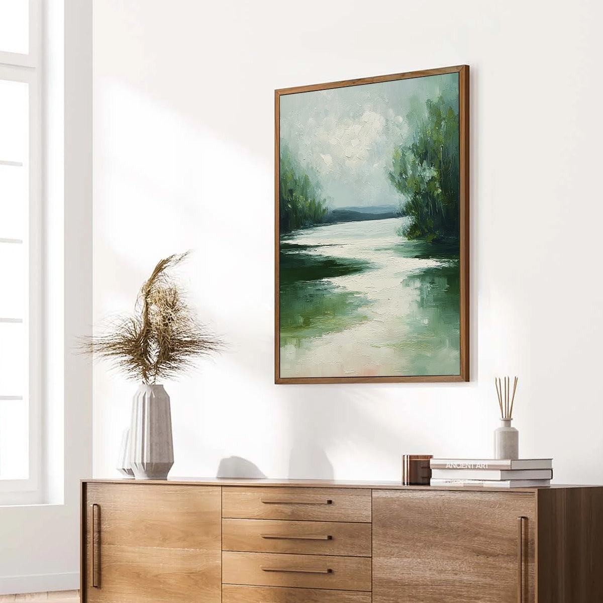 VERDANT REFLECTIONS: Textured Vertical Green Landscape Painting - Image 8